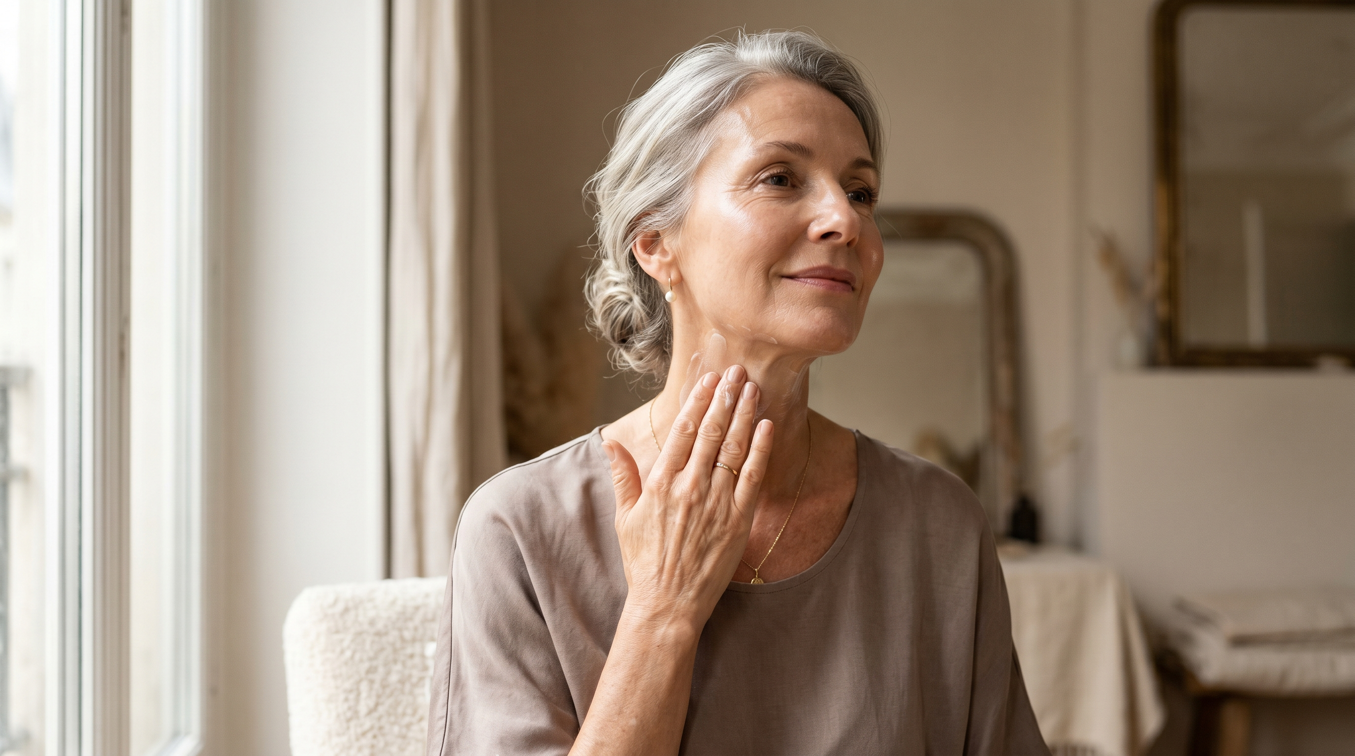Femme élégante de 55 ans applique une crème raffermissante sur son cou et son décolleté, lumière douce