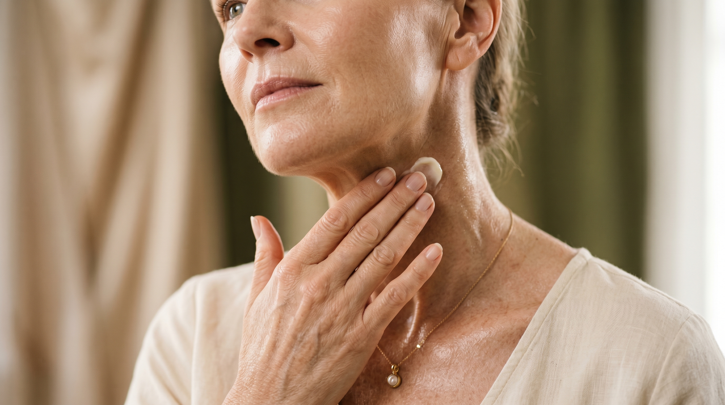 Gros plan macro sur le cou et le décolleté d'une femme mature, une main lisse une crème riche par un geste ascendant