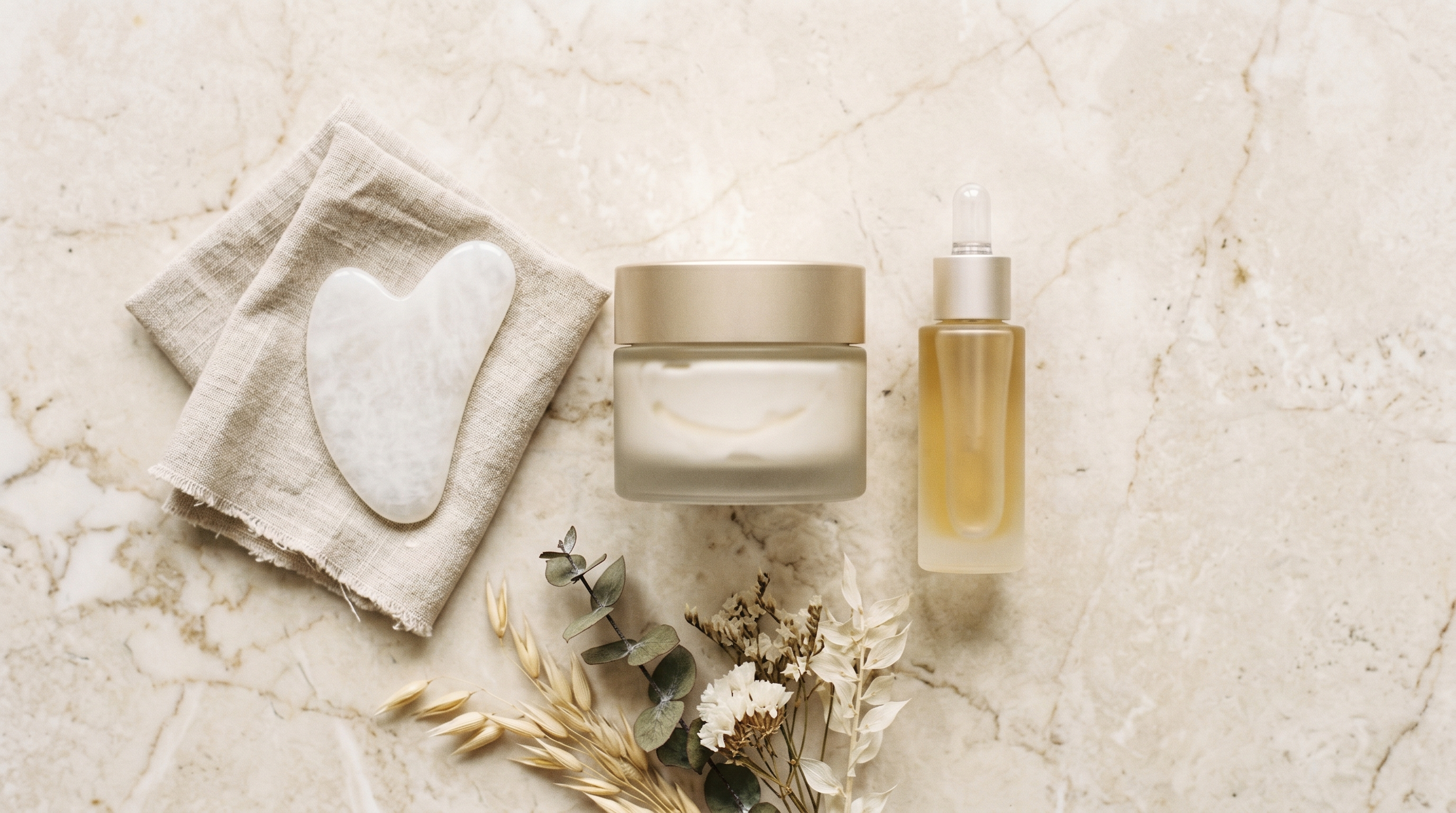 Composition élégante de soins pour le cou et le décolleté : pot de crème raffermissante, sérum, pierre de gua sha sur marbre crème