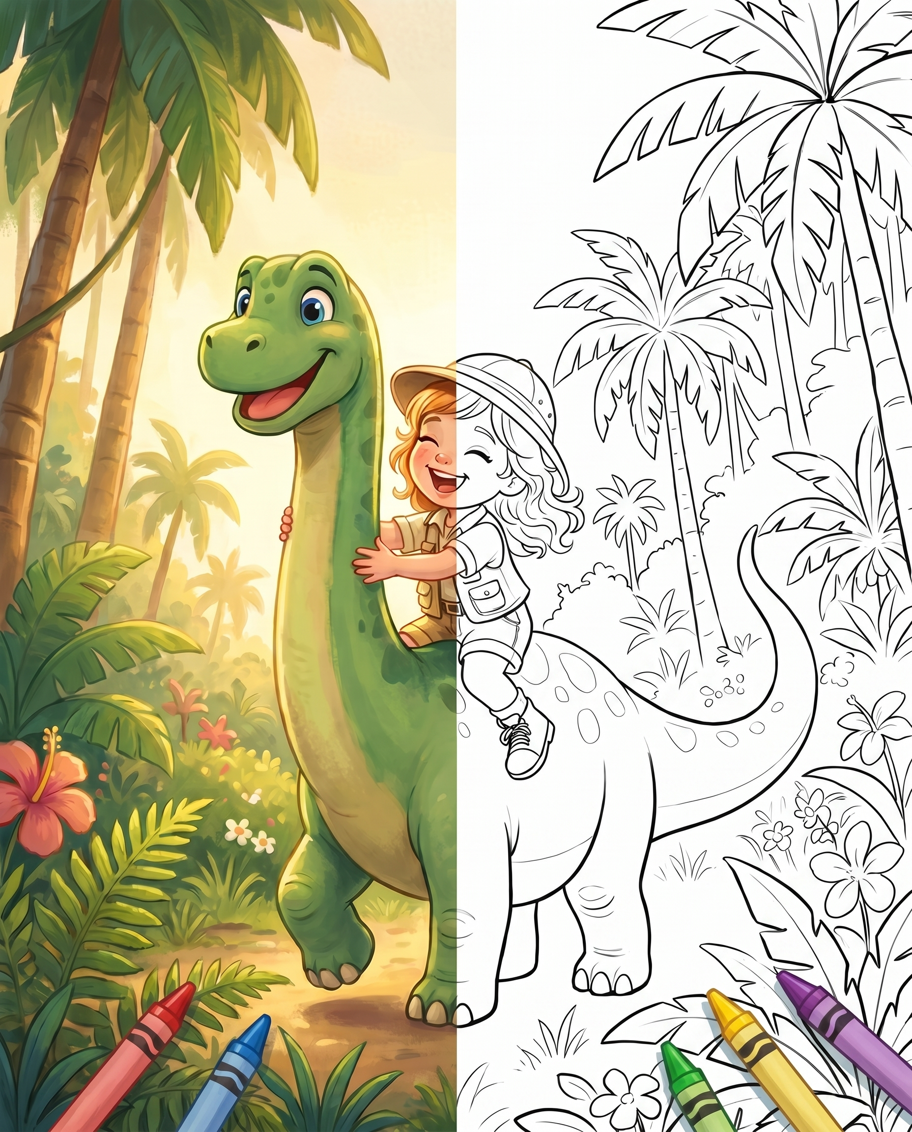 A child's storybook scene, half in color and half as a coloring page