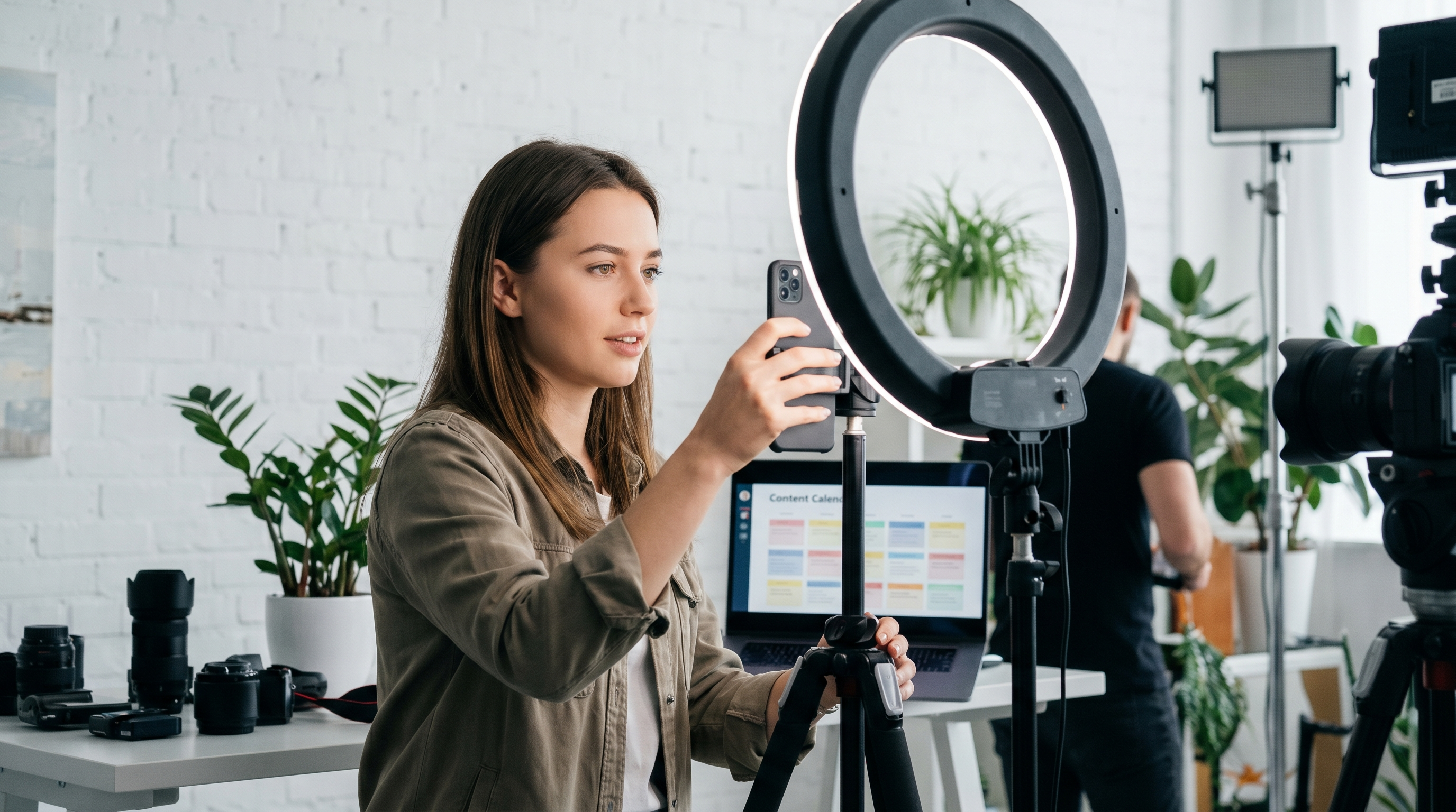 Content Creator bei der Arbeit mit Smartphone und Ringlicht (KI-generiertes Bild)