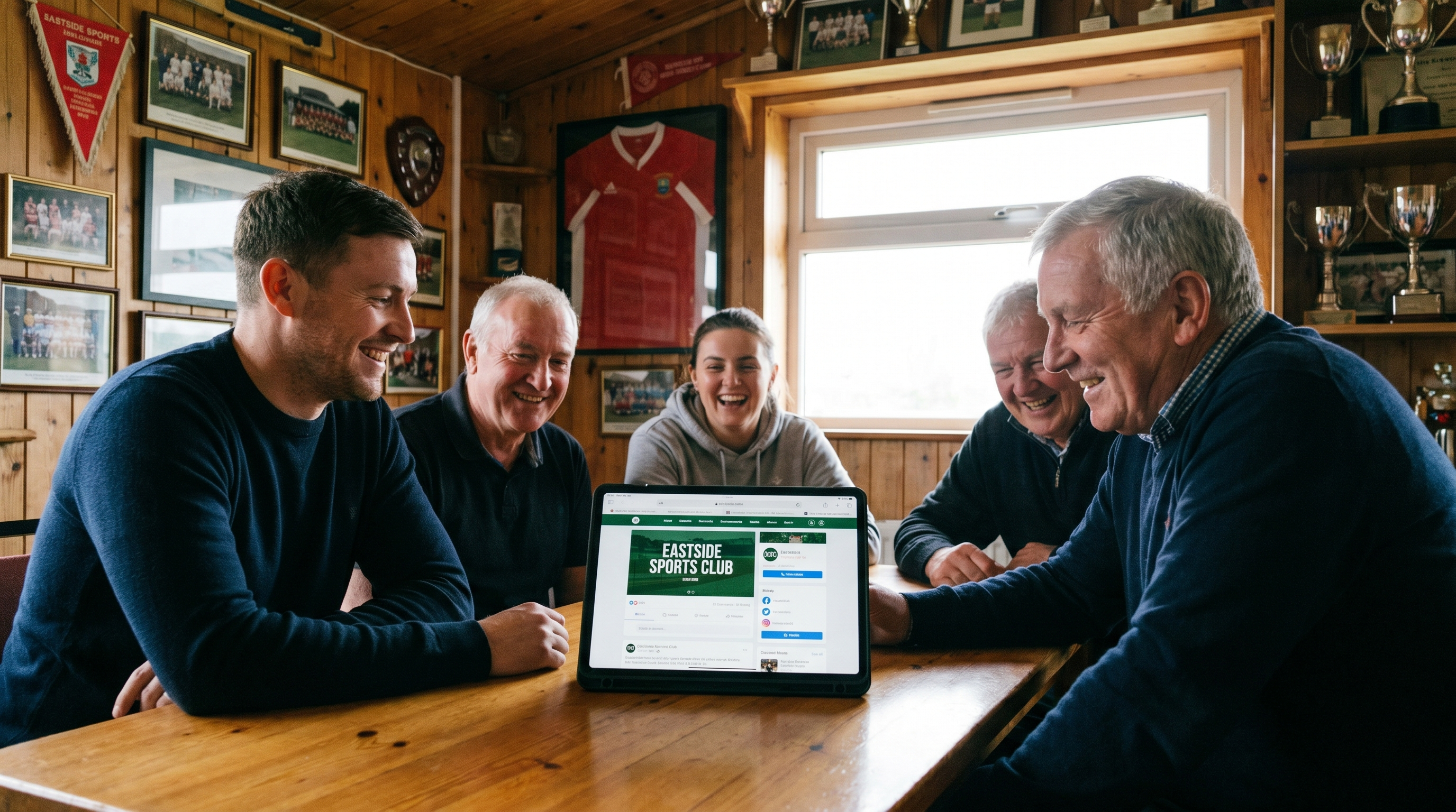 Vereinsteam schaut gemeinsam auf Tablet mit neuer Website (KI-generiertes Bild)