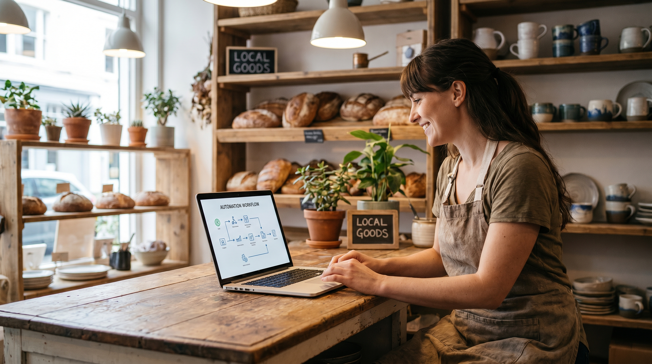 Kleinunternehmer nutzt digitale Automatisierung am Laptop (KI-generiertes Bild)