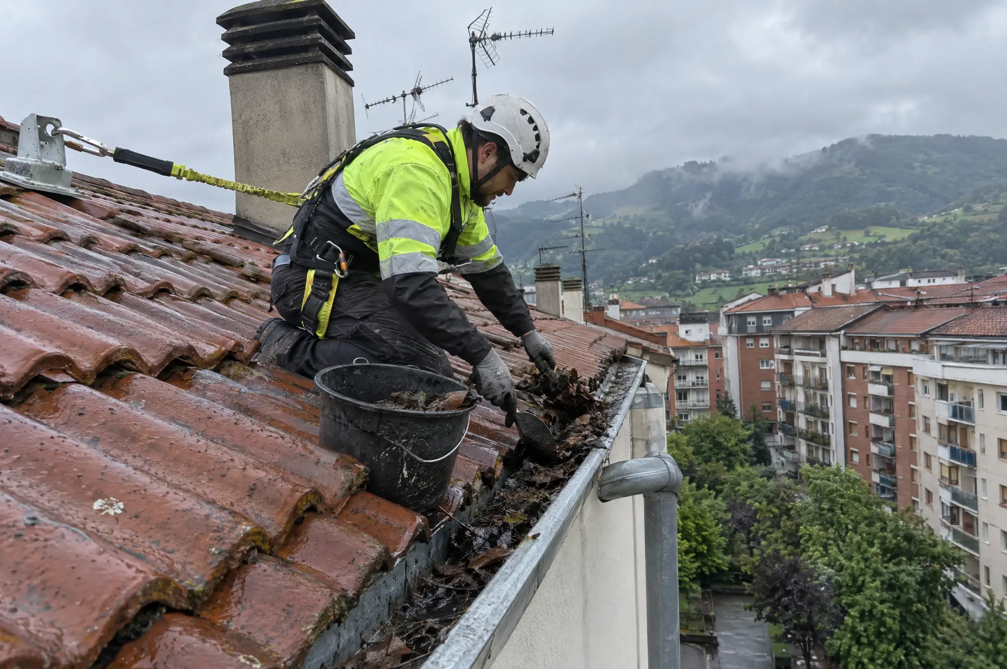 Técnico con arnés y casco anclado a la cubierta limpiando un canalón