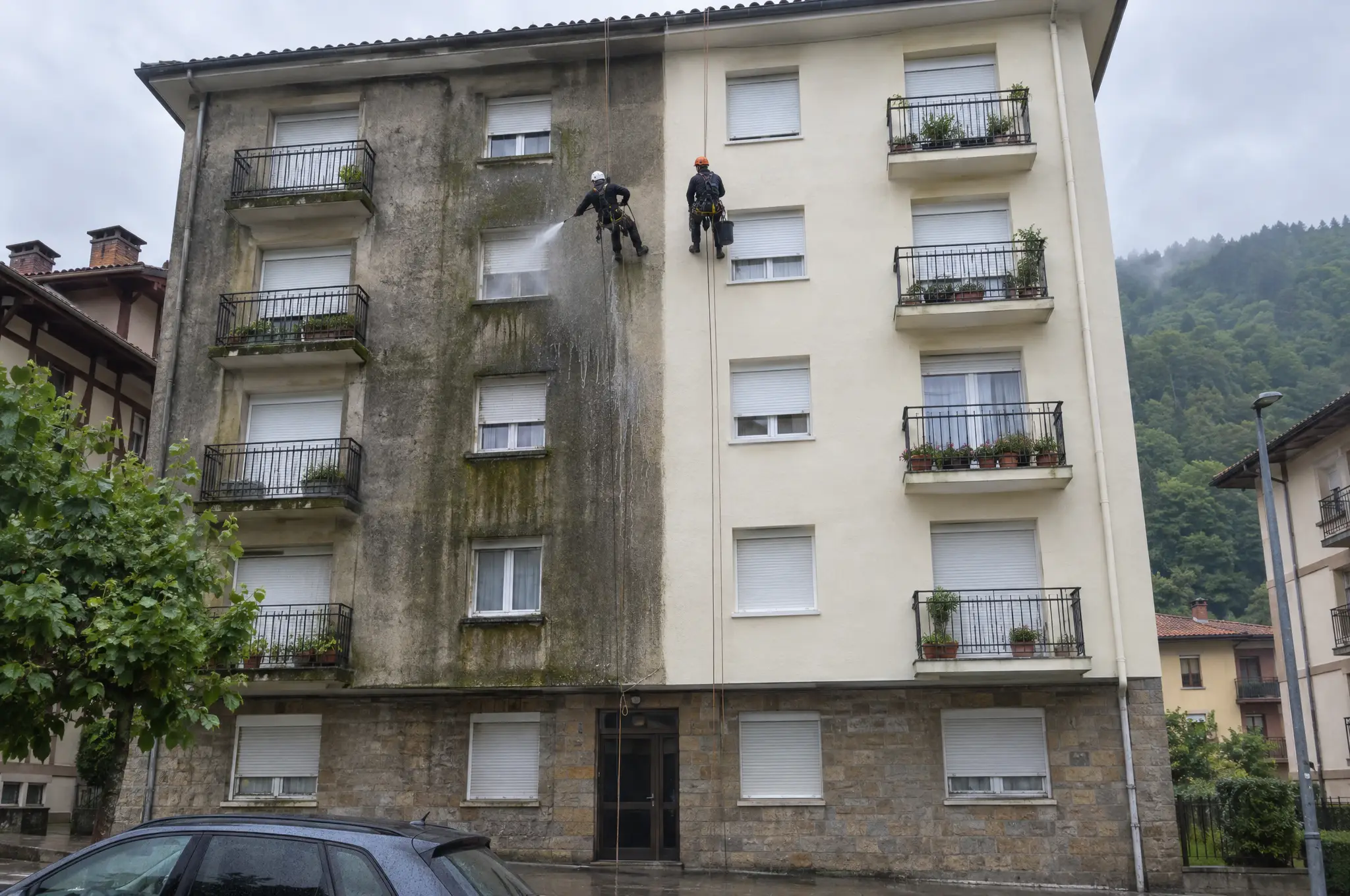 Fachada de un edificio de viviendas a medio limpiar: mitad sucia y mitad limpia, con dos técnicos en cuerda trabajando en la línea de separación