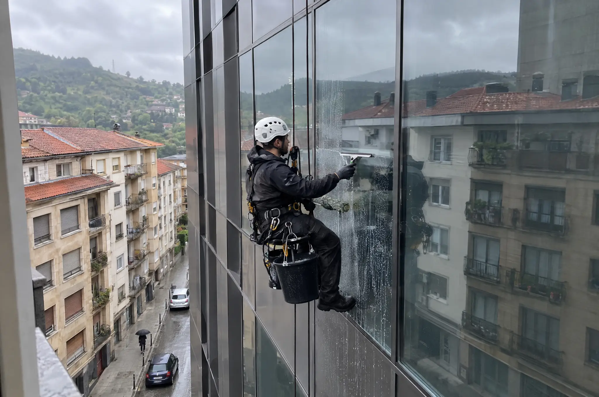 Técnico en cuerda limpiando los cristales de la fachada acristalada de un edificio en altura