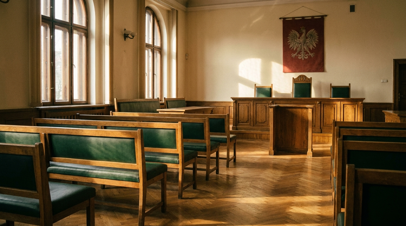 Wnętrze sali sądowej z drewnianymi ławami w ciepłym świetle popołudniowym, moment oczekiwania na rozprawę