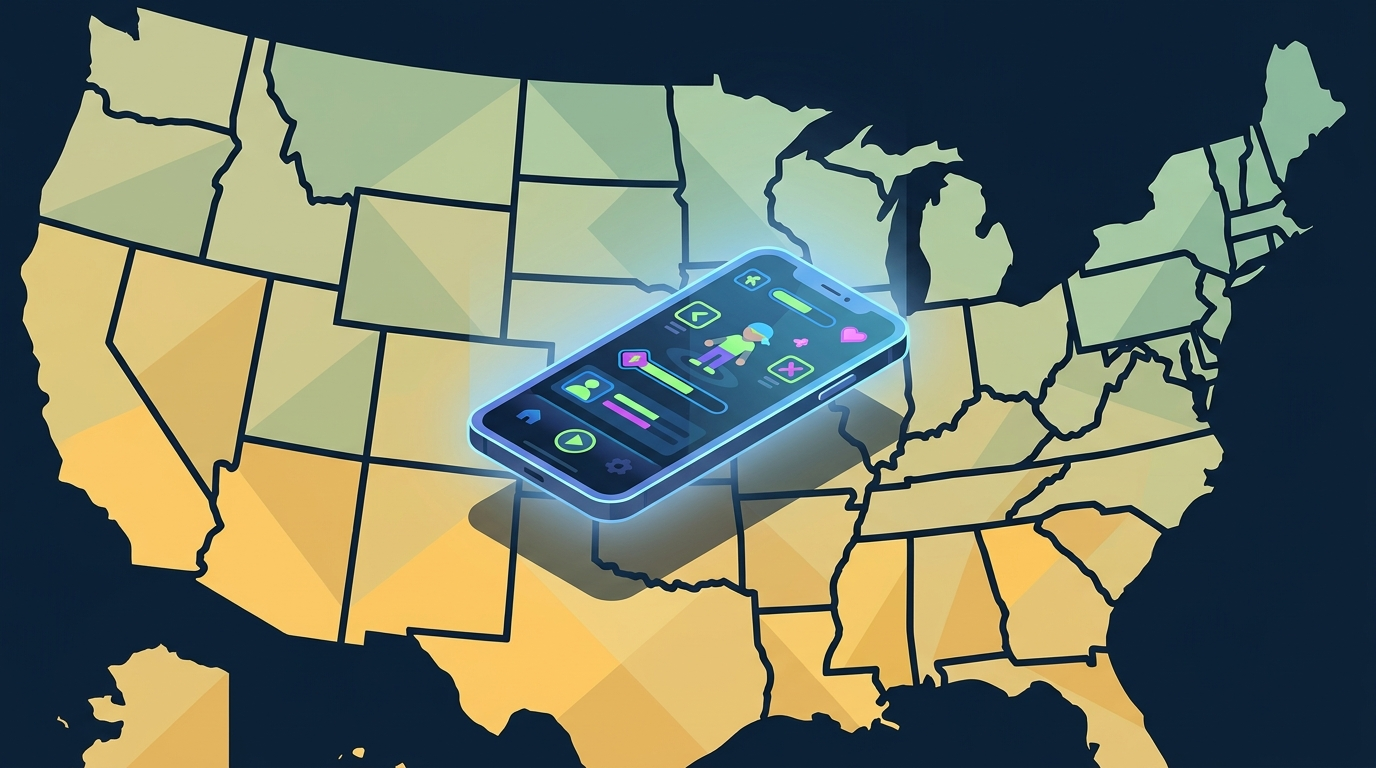 Stylized US map with mobile phone displaying a skill game