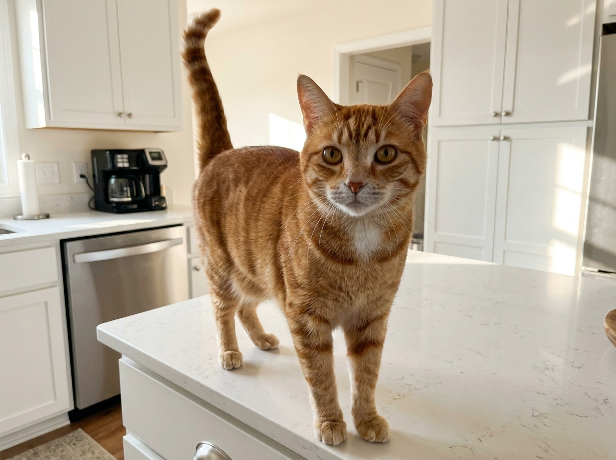Theo up on the kitchen counter, alert and bright-eyed