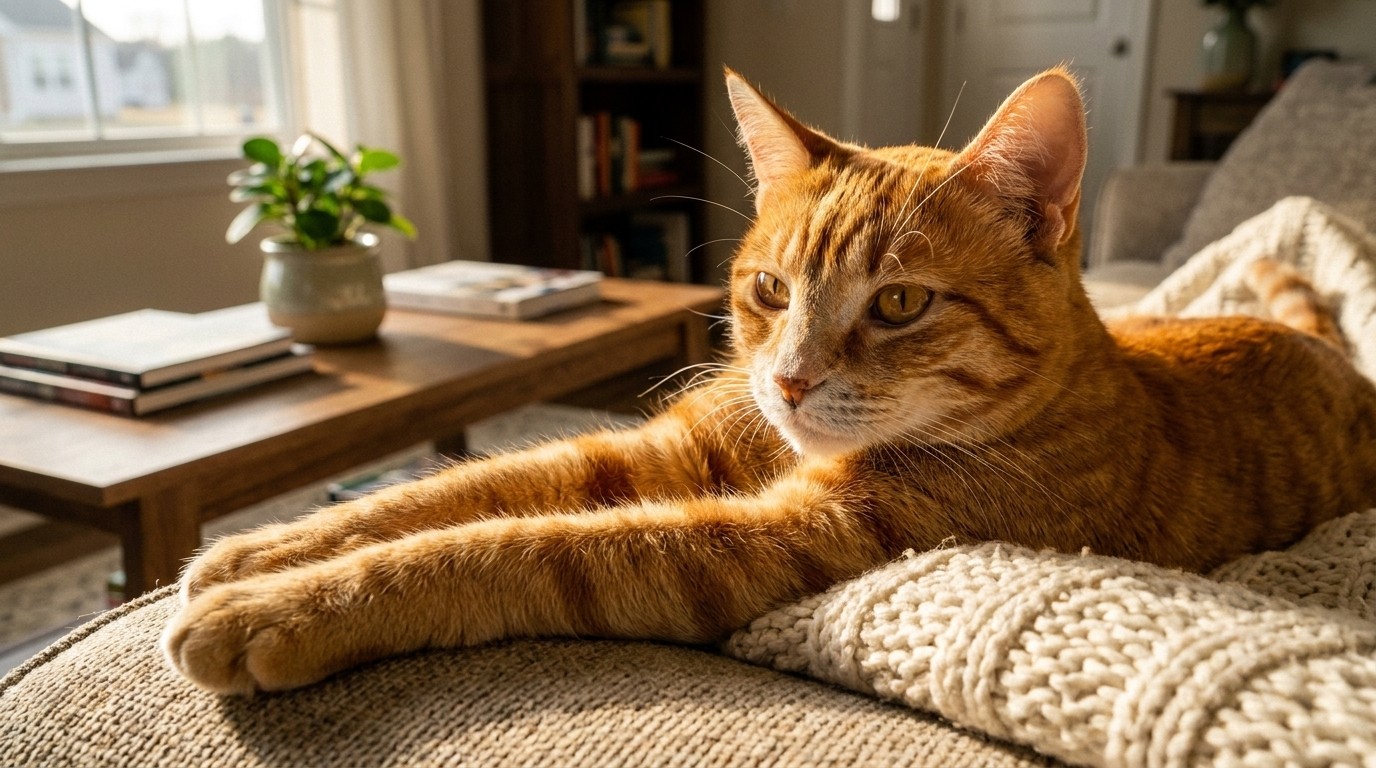Theo, a 13-year-old orange tabby, resting in soft window light