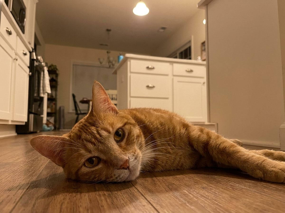 Theo lying flat on the kitchen floor at the base of the counter, dim evening light