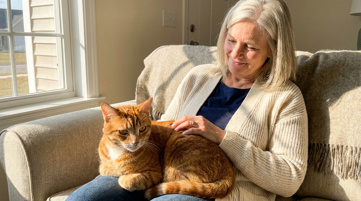 Diane petting Theo in soft natural light, candid moment