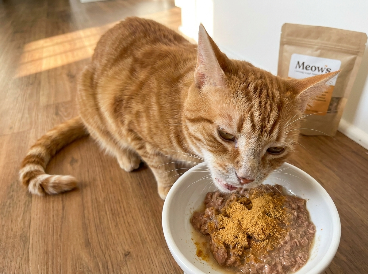 Theo's wet food in a bowl with a light dusting of Meows powder, bag softly in background
