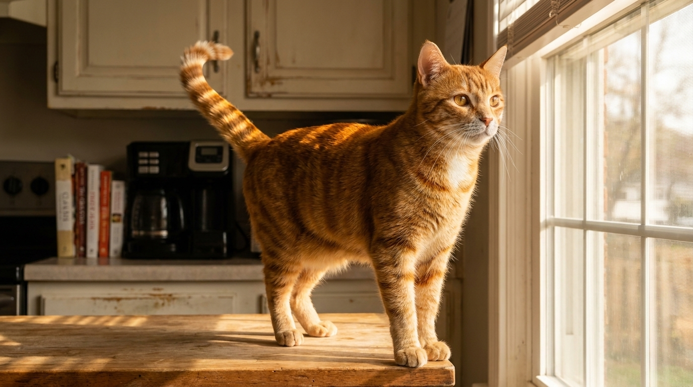 Theo back up on the kitchen counter, alert and bright-eyed — the emotional payoff