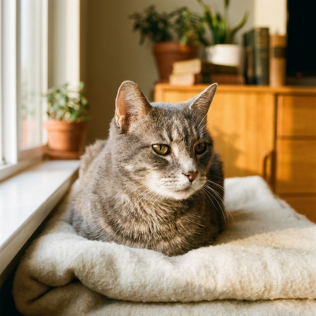 Senior cat resting in warm window light