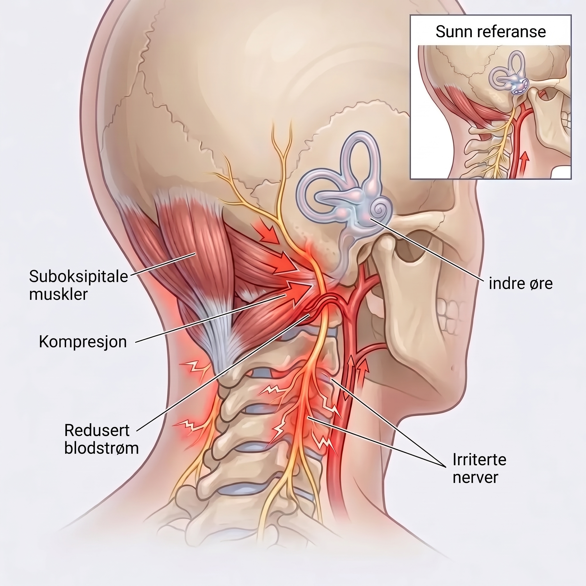 Anatomisk illustrasjon av suboccipitale muskler, kompresjon og redusert blodstrøm mot det indre øret