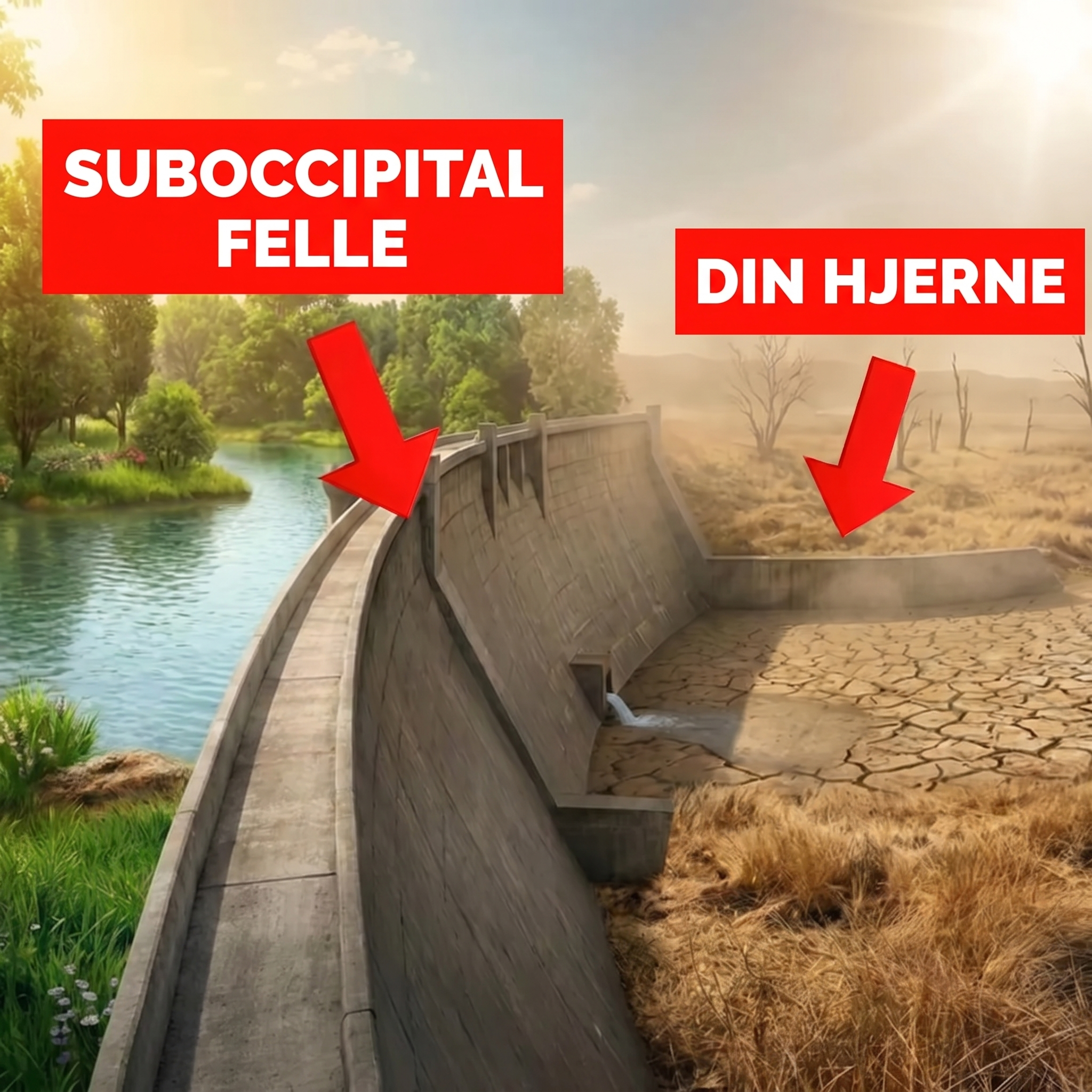 Frodig landskap på den ene siden av en demning og uttørket jord på den andre