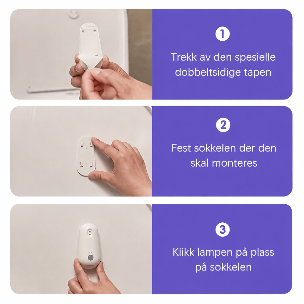 Montering i tre steg: trekk av den dobbeltsidige tapen, fest sokkelen på toalettkanten, klikk lampen på plass