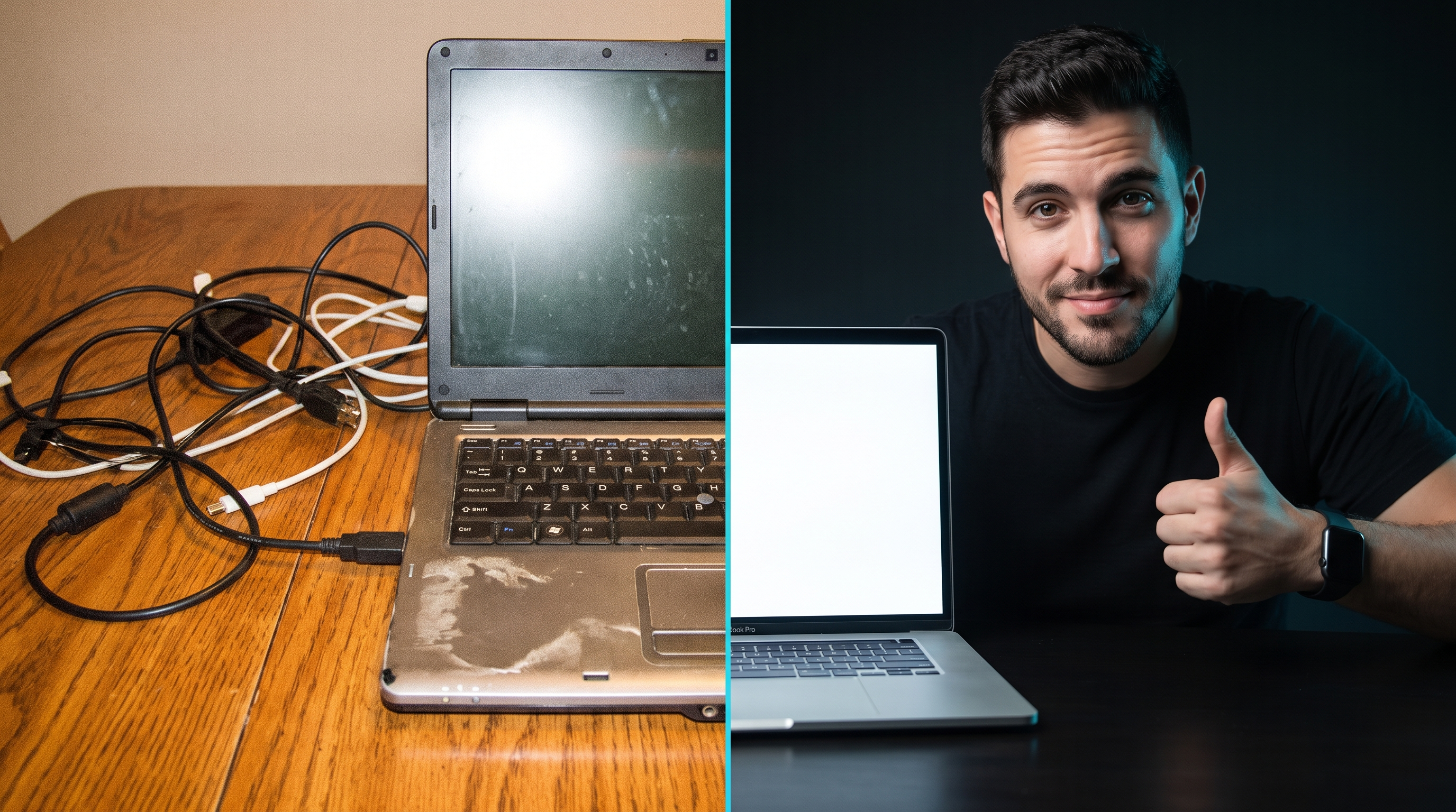 Exemple avant/après de miniature Tech générée par Minialy : Ce MacBook m'a réconcilié avec Apple