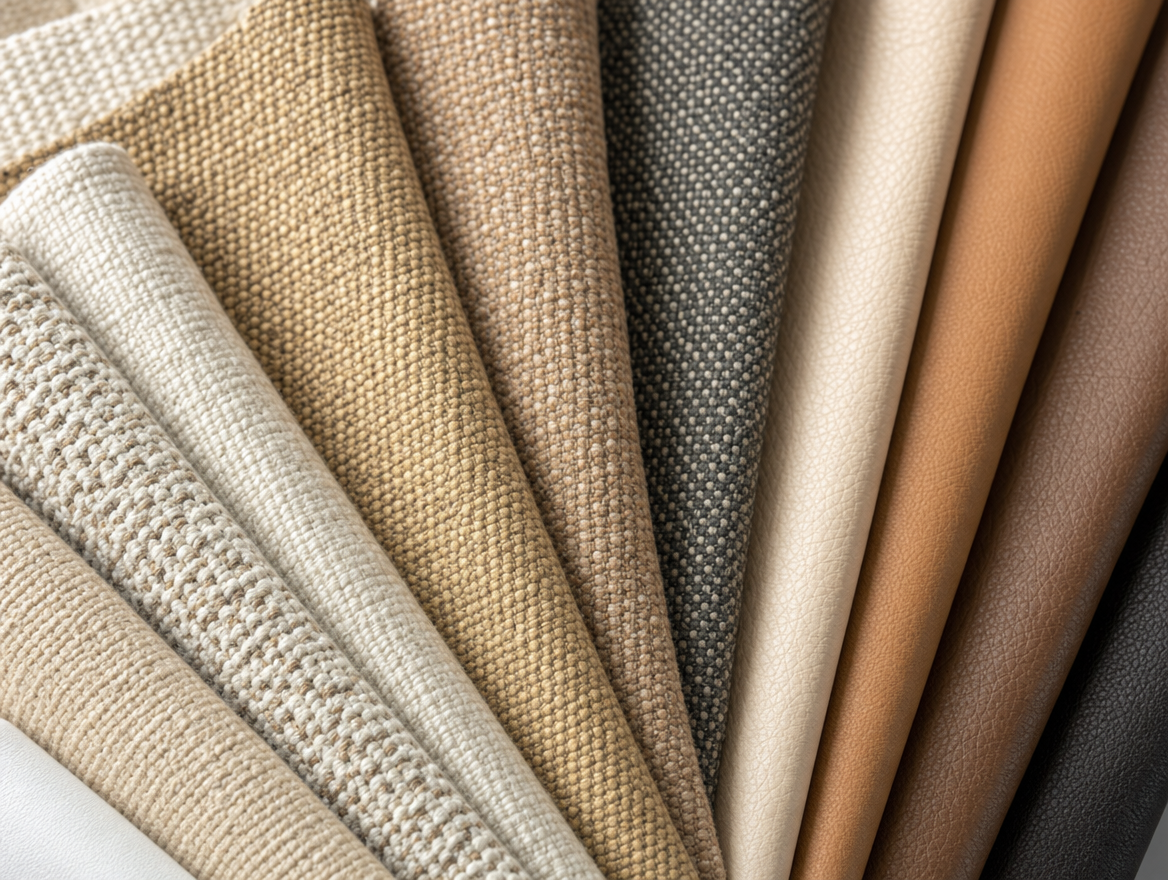 Fabric swatches / a finished custom sofa