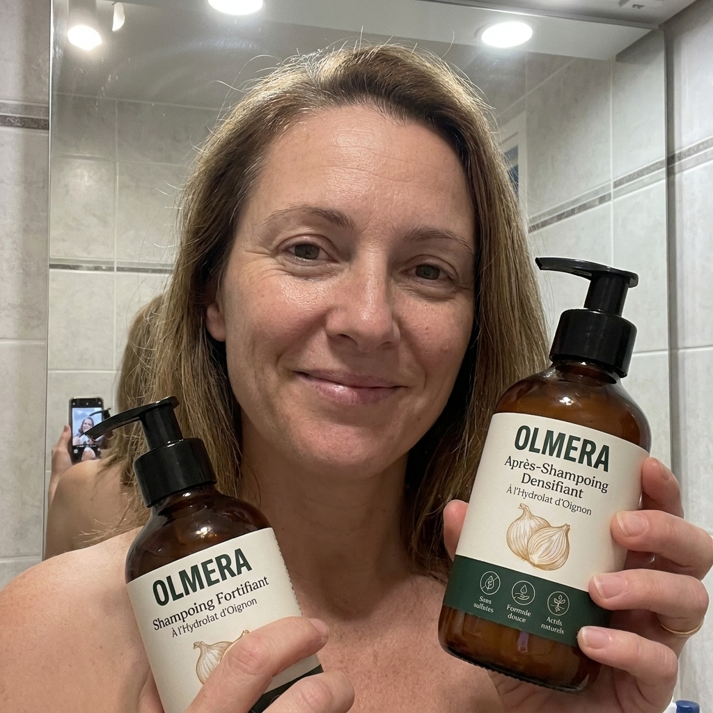 Nathalie, cliente OLMERA, avec son Duo Hydrolat d'Oignon