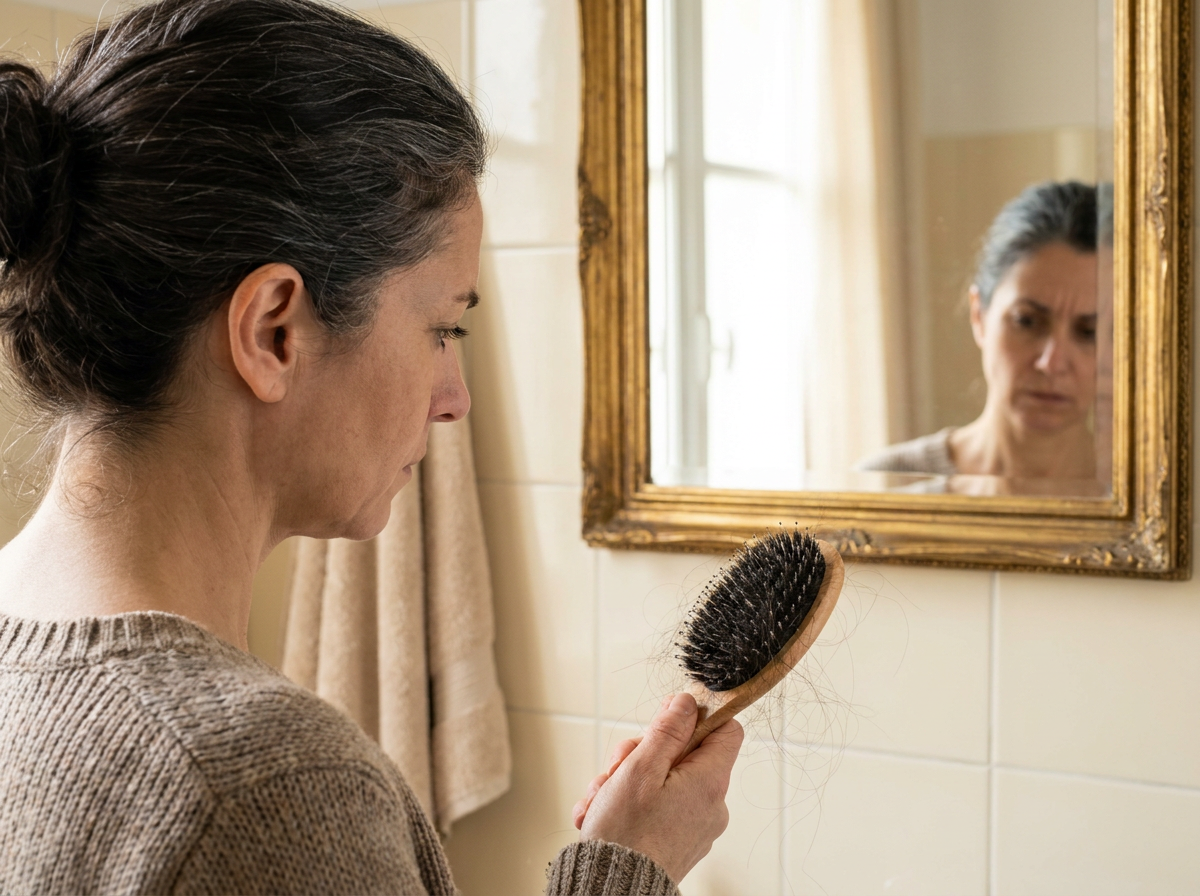 Femme découvrant des cheveux sur sa brosse devant le miroir