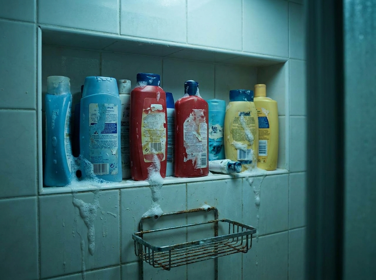 Étagère de douche encombrée de shampoings classiques