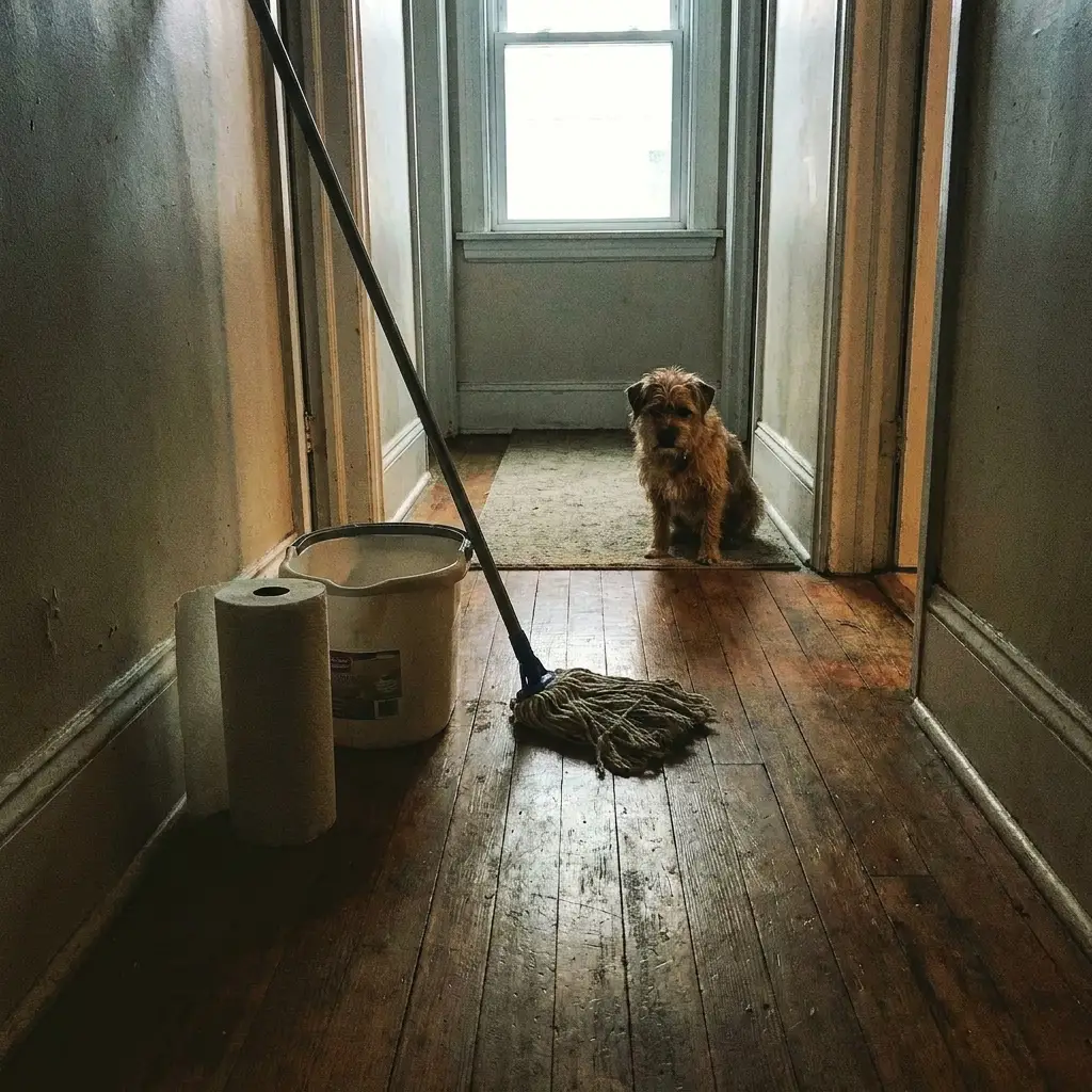Mop and bucket in a hallway, dog watching from the end of the hall