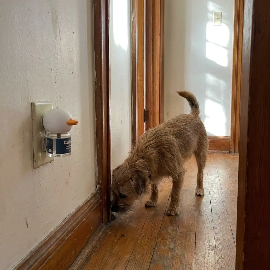 Dog calmly sniffing a hallway corner near a plug-in diffuser