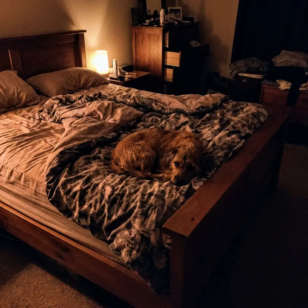 Dog sleeping peacefully at the foot of a bed at night