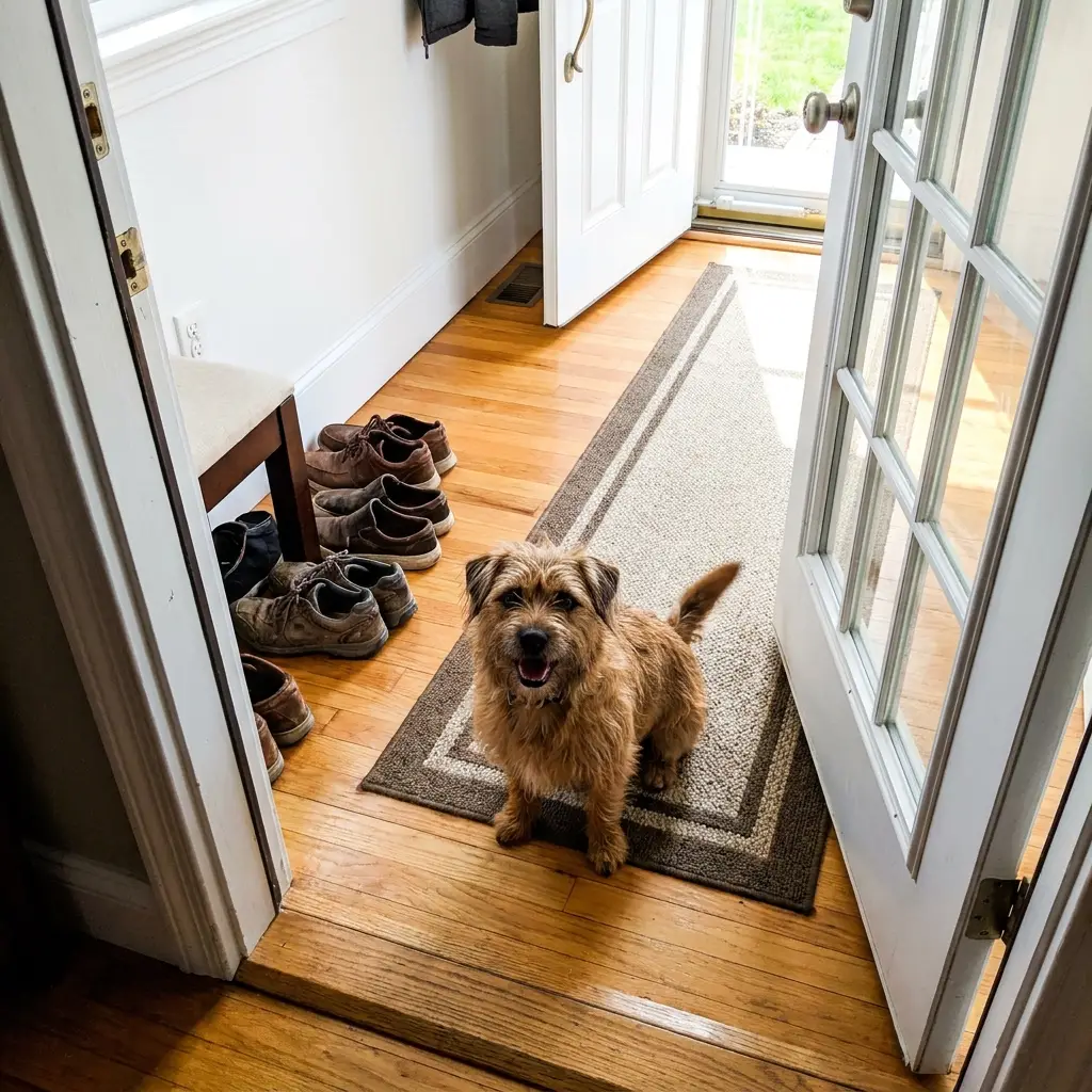 Relaxed dog sitting calmly in a clean sunlit entryway