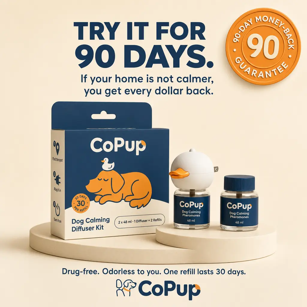 CoPup Dog Calming Diffuser Kit: box, duck-head diffuser and refill vial