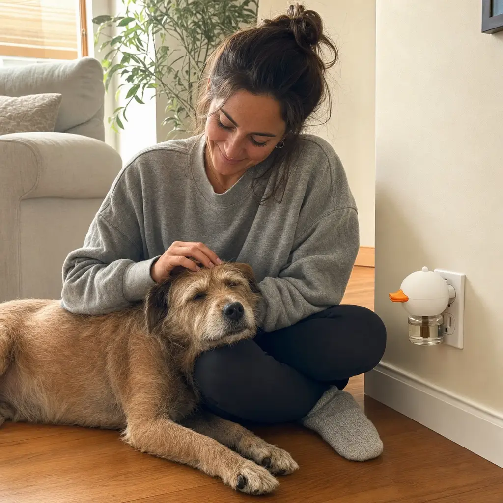 Owner petting her relaxed dog on the floor next to the CoPup diffuser plugged into the wall