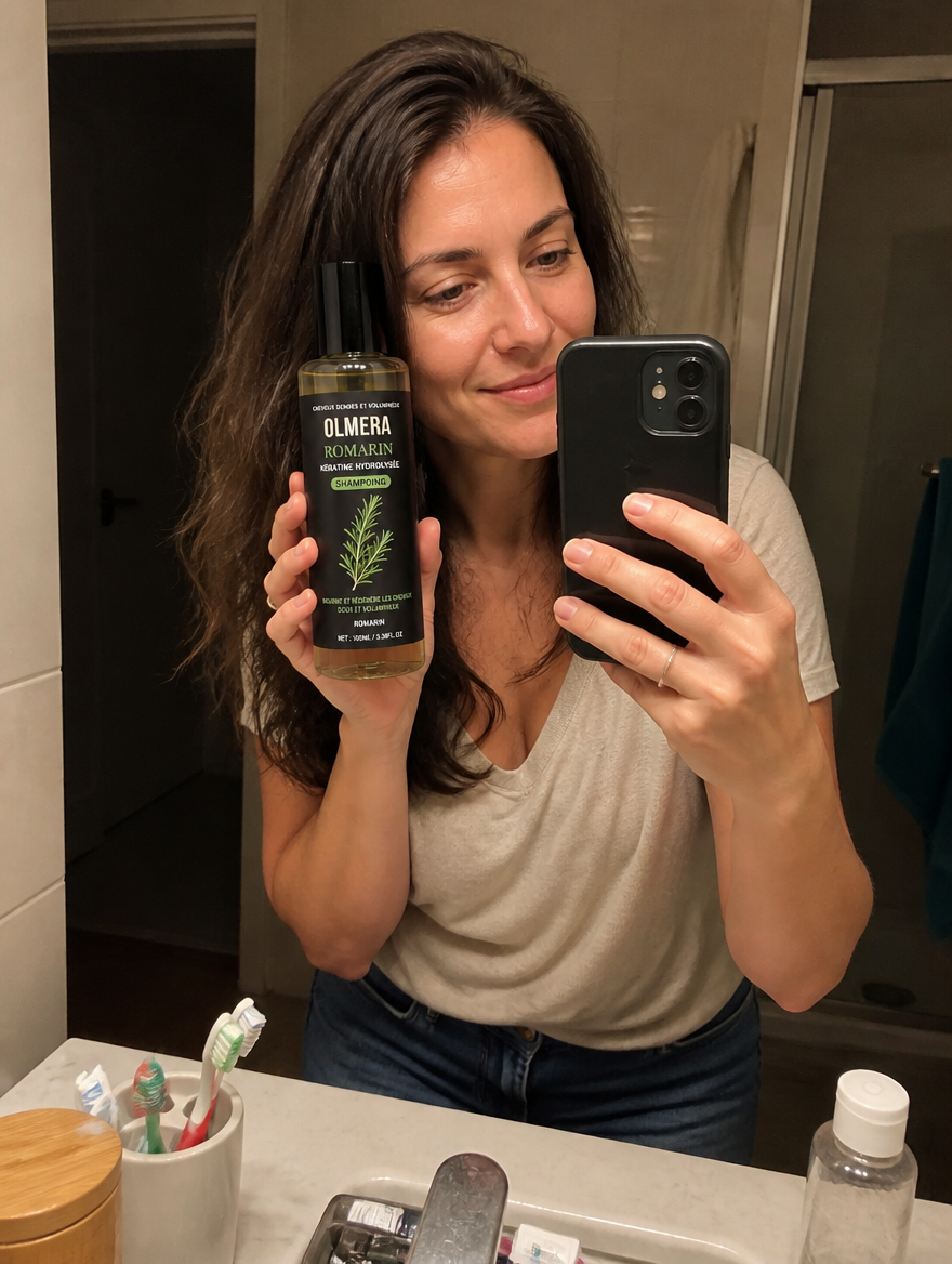 Claire, cliente OLMERA, avec son shampoing Romarin et Kératine