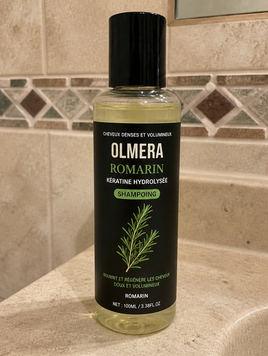 Shampoing OLMERA Romarin dans une salle de bain