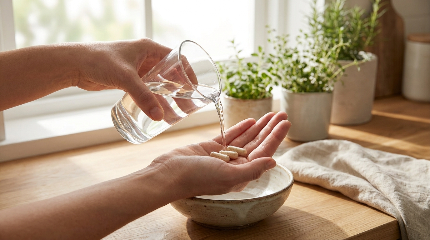 Daily balance routine, water and capsules