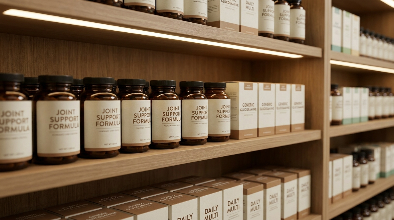 Shelf of single-ingredient supplements