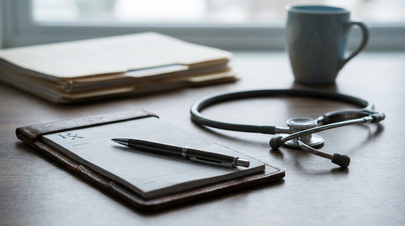 Doctor's desk with prescription pad and stethoscope