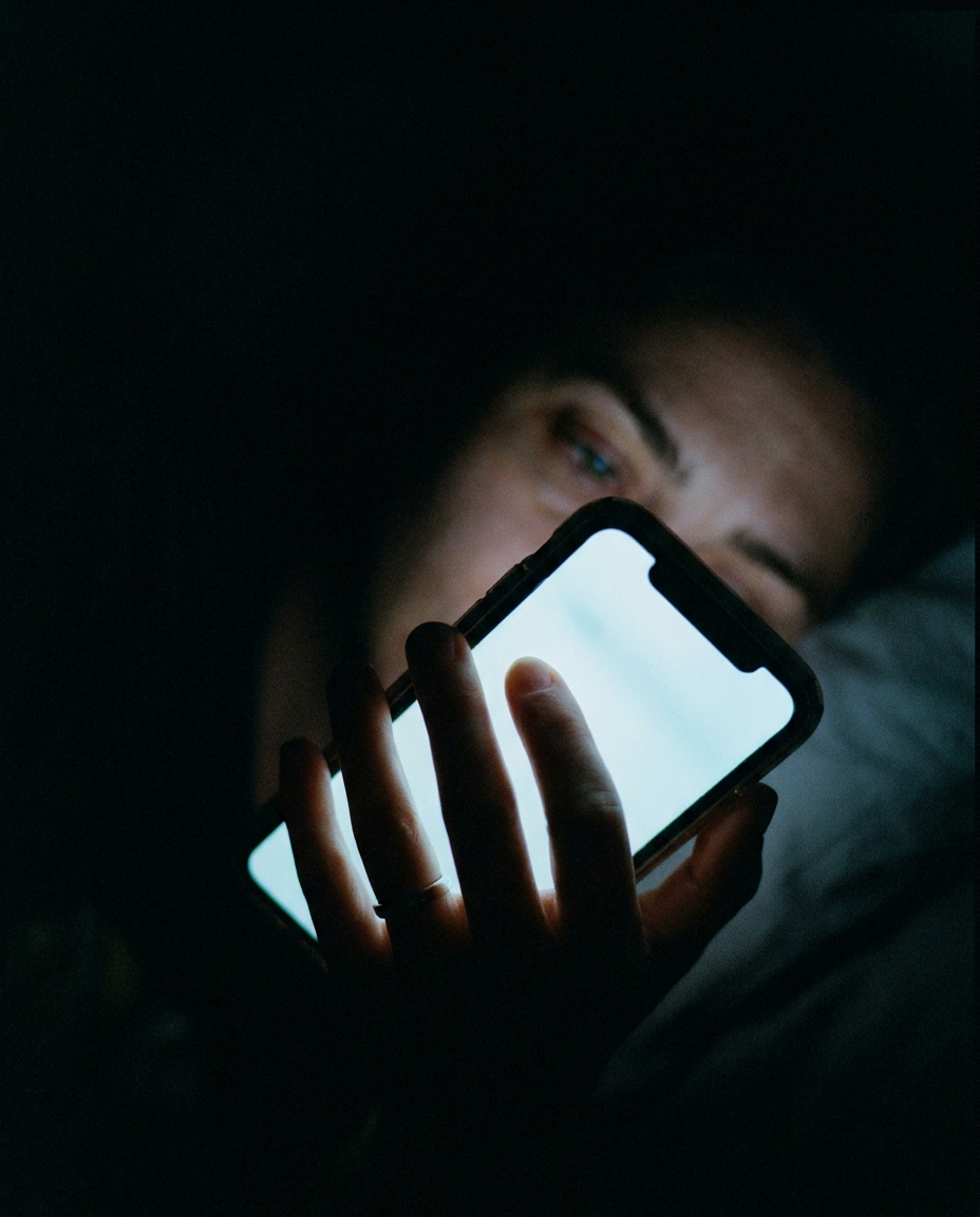 Hand holding phone at night