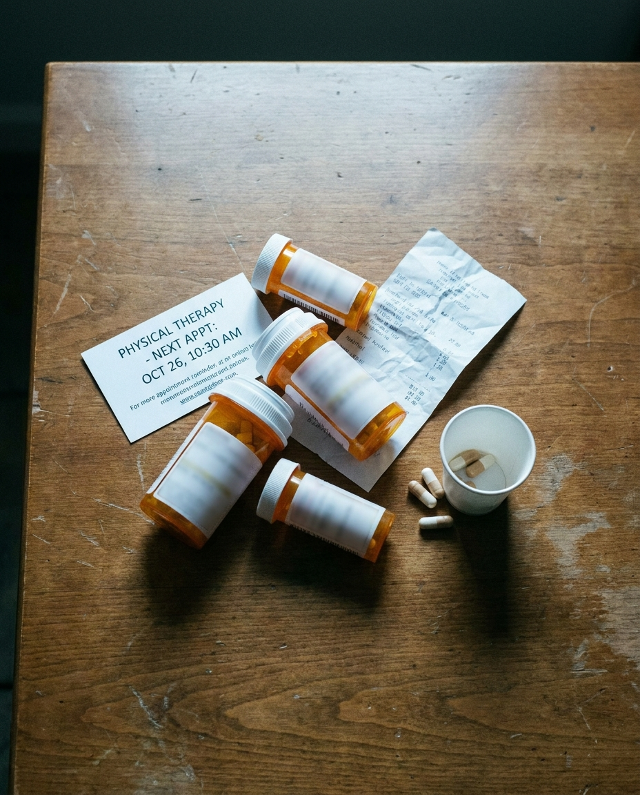 Flat-lay of pill bottles and appointment card