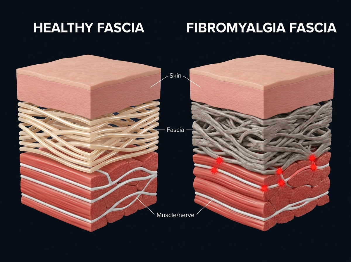 Healthy fascia vs fibromyalgia fascia 3D cross-section diagram