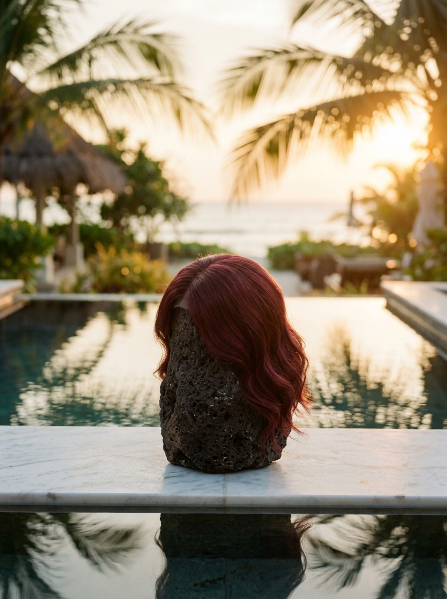 Ruby topper displayed on lava rock beside still water at golden hour