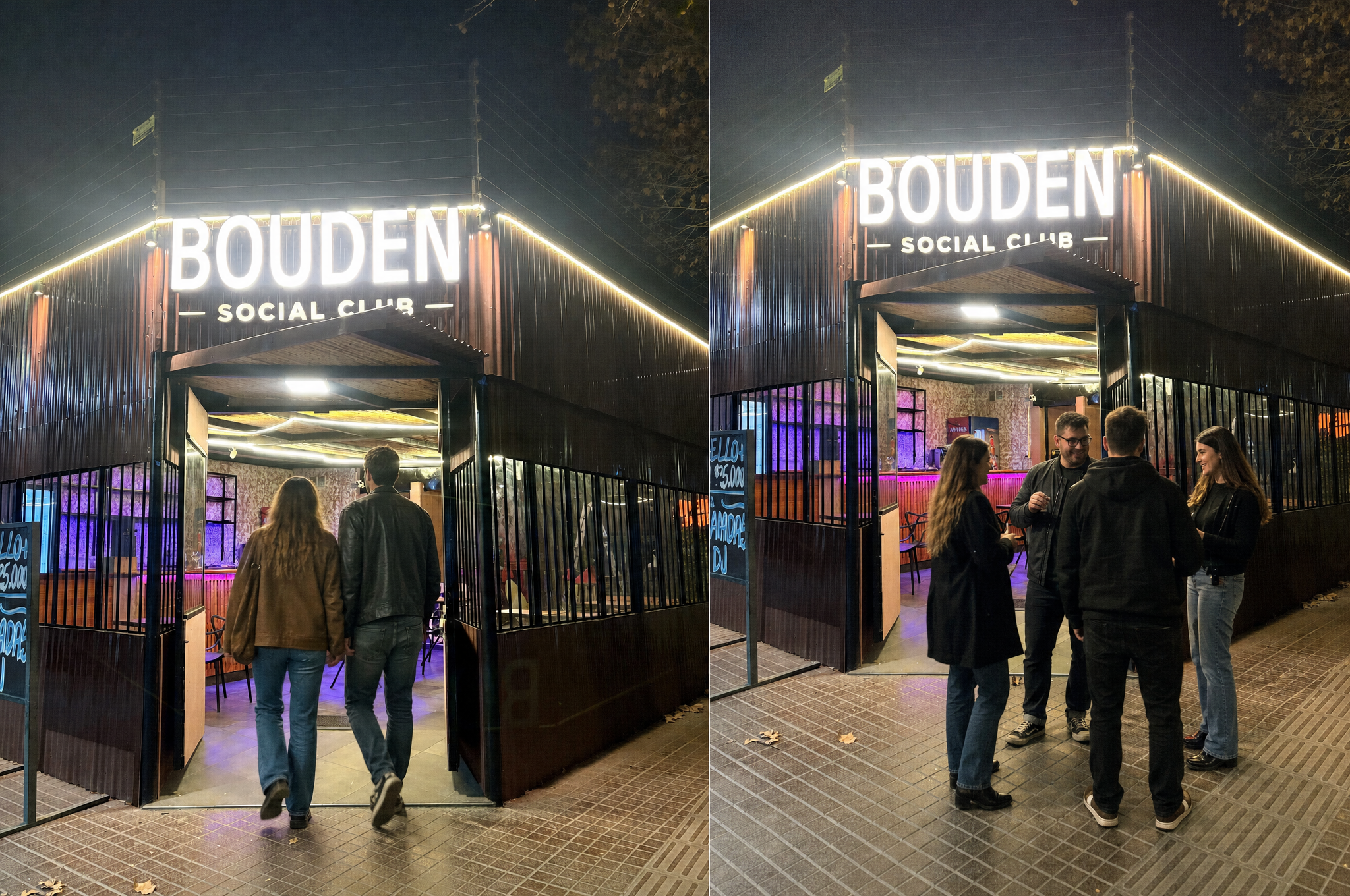 Fachada de Bouden Social Club de noche