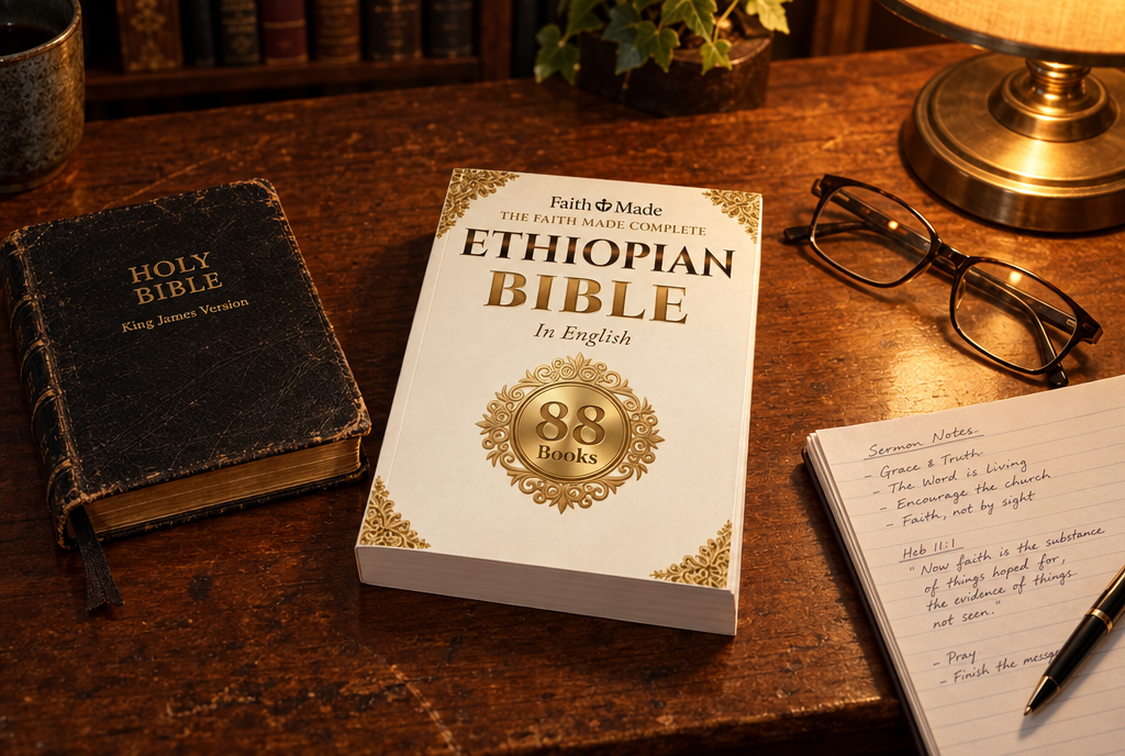 The FaithMade Complete Ethiopian Bible next to a King James Bible on a pastor's desk