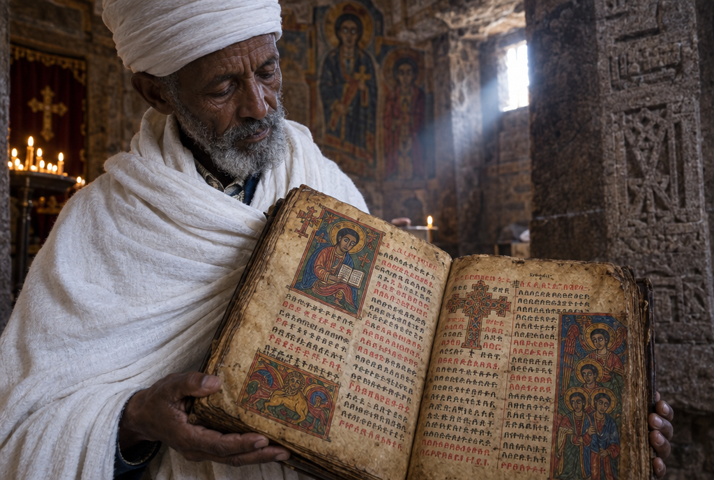 An Ethiopian Orthodox priest holding an ancient Ge'ez manuscript