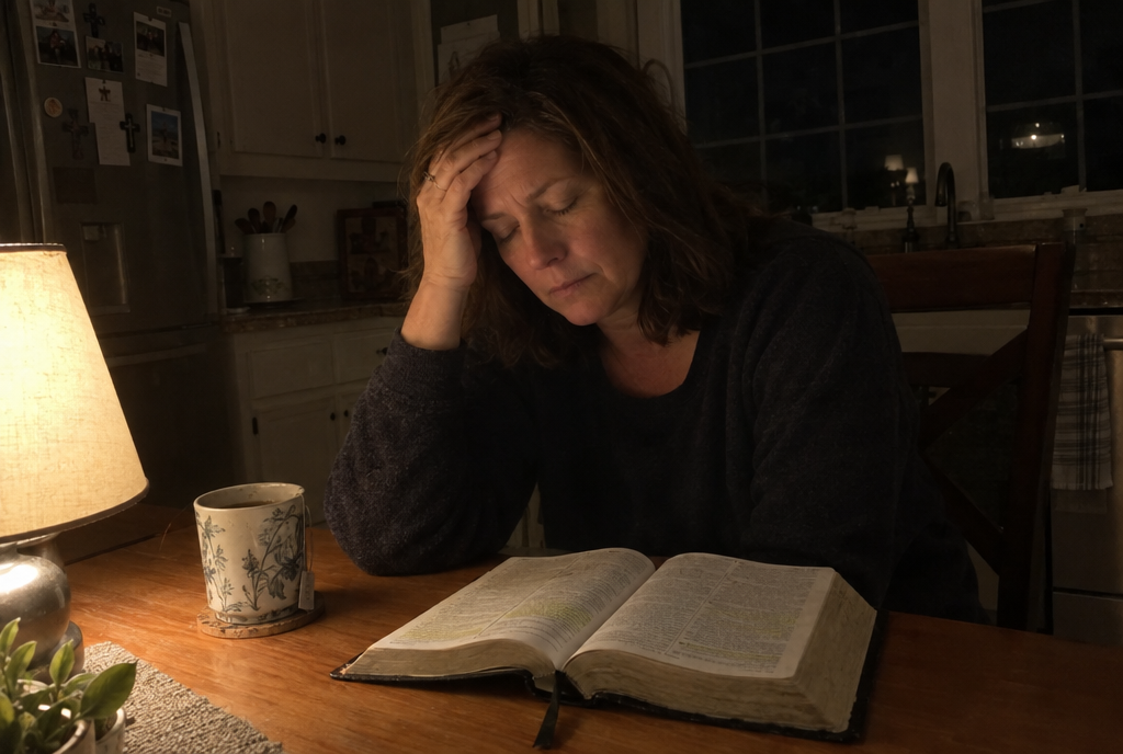 A woman sitting alone at her kitchen table at night with an open Bible