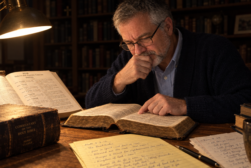 Pastor David Mercer studying Genesis 6 late at night
