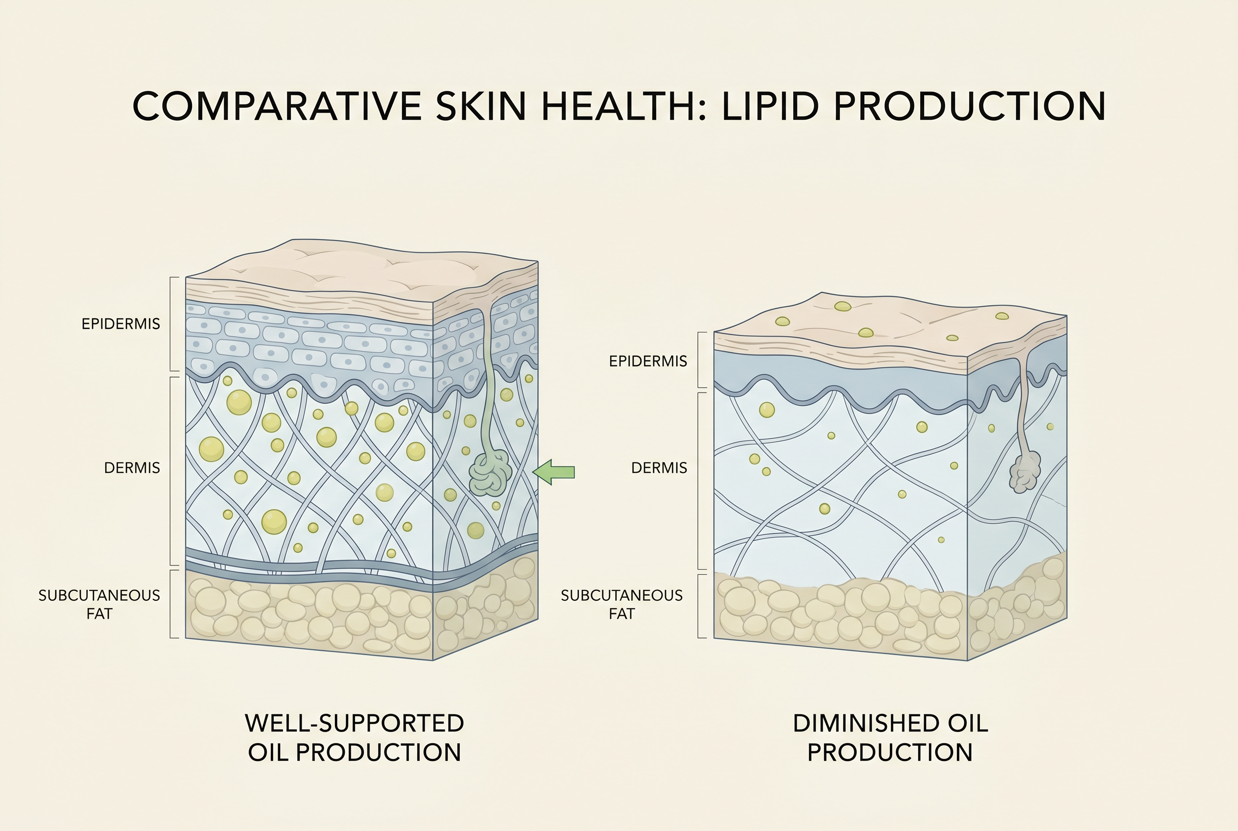 Skin that still makes its own oil, beside skin that has run short.