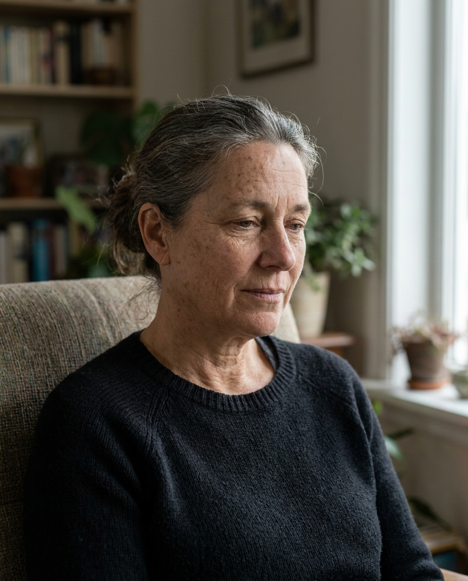 A woman in her fifties at a mirror, the quiet moment of being believed.