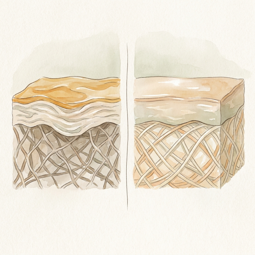 Deflated skin layers beside the same skin cushioned from within.